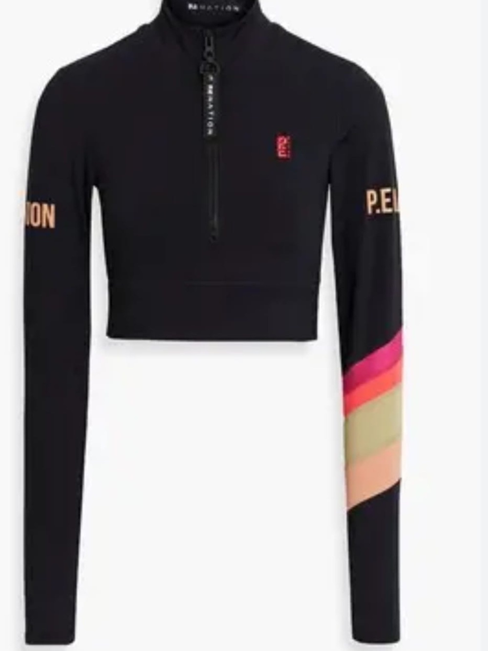 P.E Nation Black Cropped Long-Sleeve Zip Top with Pink, Orange & Tan Stripes